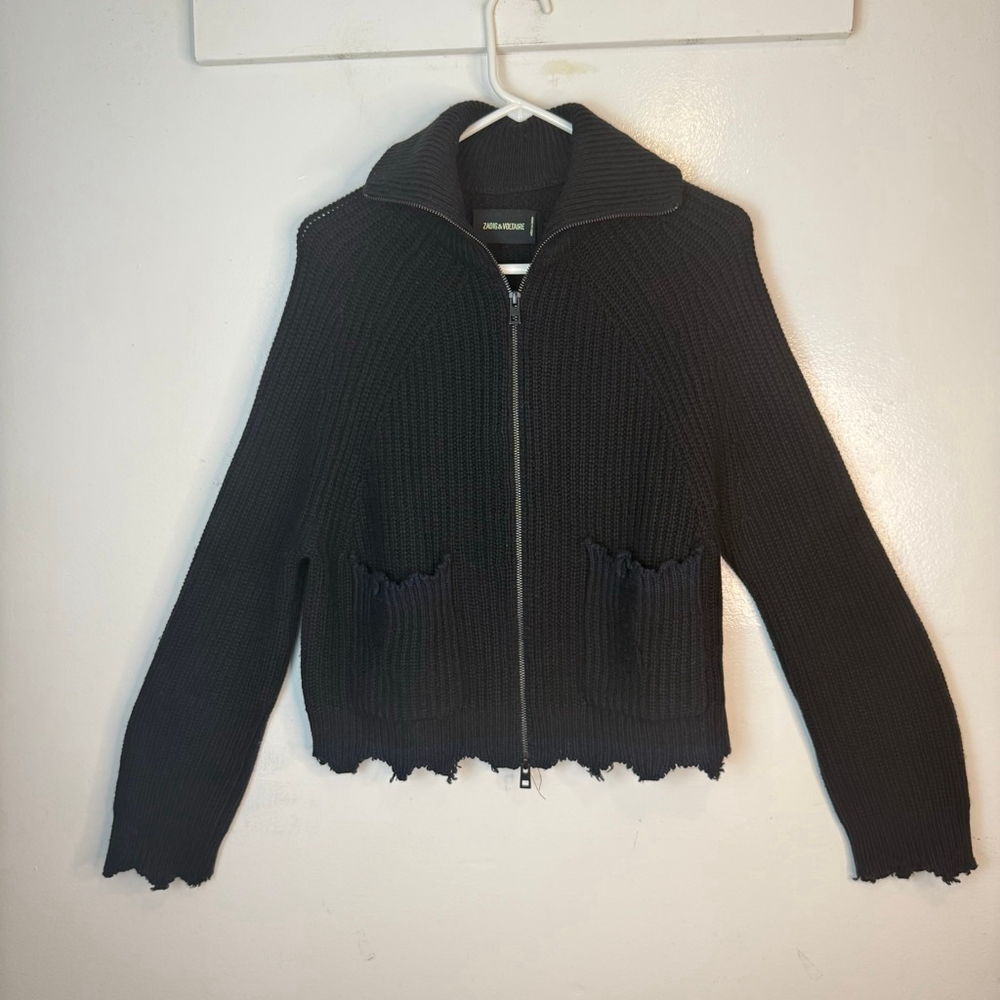 Zadig & Voltaire Zip Distressed Knit Cardigan Sweater YAK WOOL SIZE S
